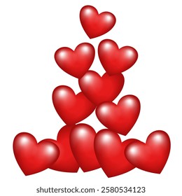 Falling hearts. A heap of hearts. Vector 3D clipart.