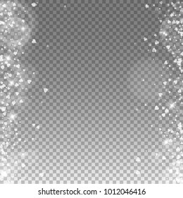 Falling hearts. Messy border on transparent grid dark background. Falling hearts valentine's day actual design. Vector illustration.