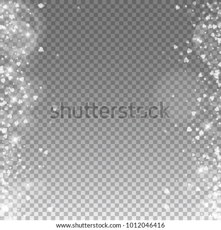 Falling hearts. Messy border on transparent grid dark background. Falling hearts valentine's day actual design. Vector illustration.