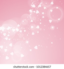 Falling hearts. Radiant left top corner on pink background. Falling hearts valentine's day brilliant design. Vector illustration.
