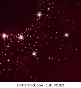 Falling hearts. Radiant left top corner on wine red background. Falling hearts valentine's day beauteous design. Vector illustration.