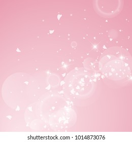 Falling hearts. Radiant right bottom corner on pink background. Falling hearts valentine's day curious design. Vector illustration.