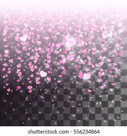 Falling hearts. A rain of shimmering hearts on a transparent background