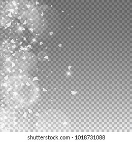 Falling hearts. Scatter left gradient on transparent grid dark background. Falling hearts valentine's day delicate design. Vector illustration.