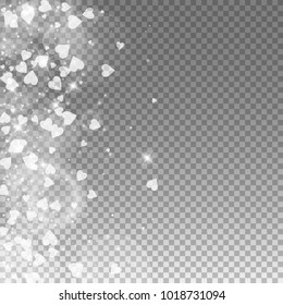 Falling hearts. Scatter left gradient on transparent grid dark background. Falling hearts valentine's day enchanting design. Vector illustration.