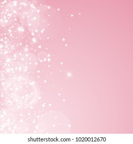 Falling hearts. Scatter left gradient on pink background. Falling hearts valentine's day dramatic design. Vector illustration.