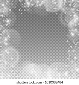 Falling hearts valentine background. Chaotic border on transparent grid dark background. Falling hearts valentines day fetching design. Vector illustration.