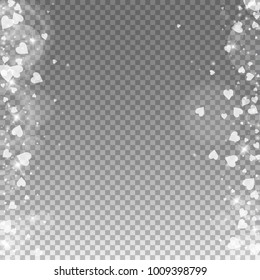 Falling hearts valentine background. Messy border on transparent grid dark background. Falling hearts valentines day alluring design. Vector illustration.