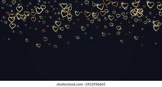 Plantilla de tarjeta de San Valentín de corazones en declive. Los corazones dorados se dispersaron en el fondo negro. Ilustración vectorial de corazones caóticos cayendo.