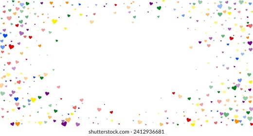 Falling hearts valentine card template. Rainbow colored scattered hearts. LGBT valentine card.  Chaotic falling hearts vector illustration.