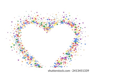 Falling hearts valentine card template. Rainbow colored scattered hearts. LGBT valentine card.  Chaotic falling hearts vector illustration.