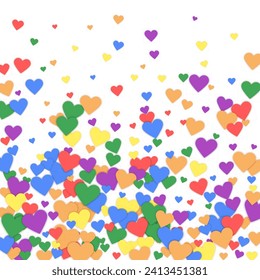 Falling hearts valentine card template. Rainbow colored scattered hearts. LGBT valentine card.  Chaotic falling hearts vector illustration.