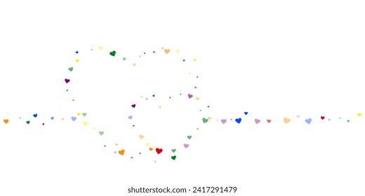 Falling hearts valentine card template. Rainbow colored scattered hearts. LGBT valentine card.  Chaotic falling hearts vector illustration.