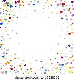 Falling hearts valentine card template. Rainbow colored scattered hearts. LGBT valentine card.  Chaotic falling hearts vector illustration.