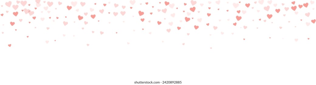 Falling hearts valentine card template. Red hearts scattered on white background. Chaotic falling hearts vector illustration.
