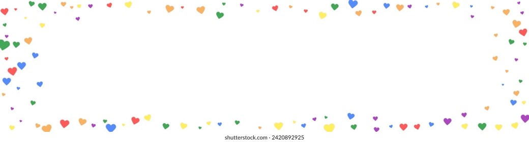 Falling hearts valentine card template. Rainbow colored scattered hearts. LGBT valentine card.  Chaotic falling hearts vector illustration.