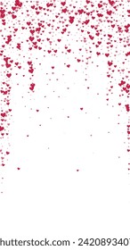 Falling hearts valentine card template. Red hearts scattered on white background. Chaotic falling hearts vector illustration.