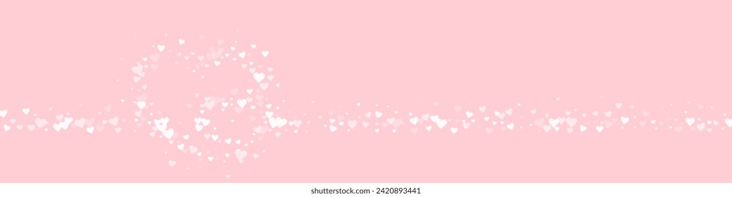 Falling hearts valentine card template. White hearts scattered on pink background. Chaotic falling hearts vector illustration.