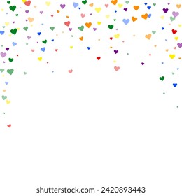 Falling hearts valentine card template. Rainbow colored scattered hearts. LGBT valentine card.  Chaotic falling hearts vector illustration.