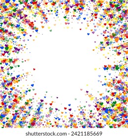 Falling hearts valentine card template. Rainbow colored scattered hearts. LGBT valentine card.  Chaotic falling hearts vector illustration.