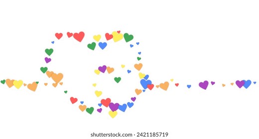 Falling hearts valentine card template. Rainbow colored scattered hearts. LGBT valentine card.  Chaotic falling hearts vector illustration.