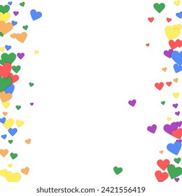 Falling hearts valentine card template. Rainbow colored scattered hearts. LGBT valentine card.  Chaotic falling hearts vector illustration.