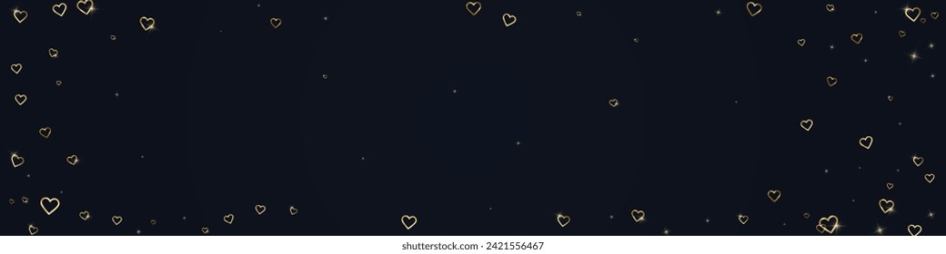 Falling hearts valentine card template. Gold hearts scattered on black background. Chaotic falling hearts vector illustration.