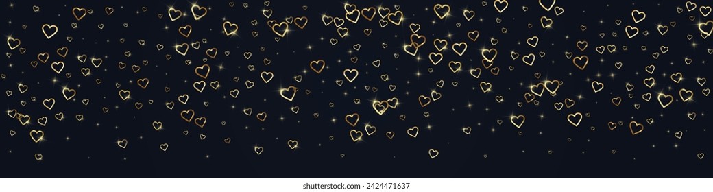 Falling hearts valentine card template. Gold hearts scattered on black background. Chaotic falling hearts vector illustration.