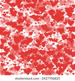 Falling hearts valentine card template. Red hearts scattered on white background. Chaotic falling hearts vector illustration.