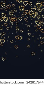 Falling hearts valentine card template. Gold hearts scattered on black background. Chaotic falling hearts vector illustration.