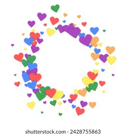 Falling hearts valentine card template. Rainbow colored scattered hearts. LGBT valentine card.  Chaotic falling hearts vector illustration.