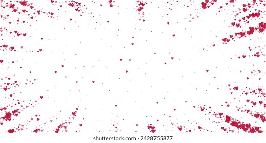 Plantilla de tarjeta de San Valentín de corazones caídos. Corazones rojos esparcidos sobre fondo blanco. Caótica caída de corazones ilustración vectorial.