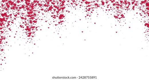 Falling hearts valentine card template. Red hearts scattered on white background. Chaotic falling hearts vector illustration.