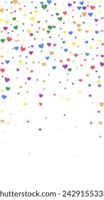 Falling hearts valentine card template. Rainbow colored scattered hearts. LGBT valentine card.  Chaotic falling hearts vector illustration.