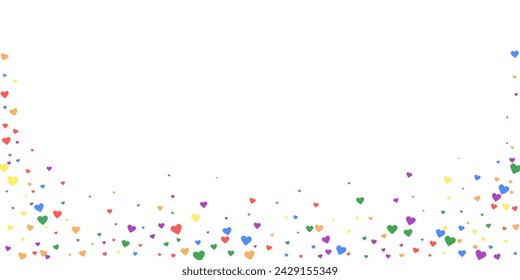 Falling hearts valentine card template. Rainbow colored scattered hearts. LGBT valentine card.  Chaotic falling hearts vector illustration.