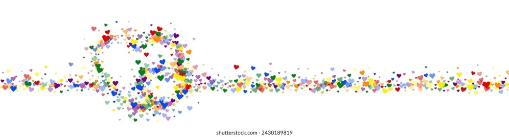 Falling hearts valentine card template. Rainbow colored scattered hearts. LGBT valentine card.  Chaotic falling hearts vector illustration.