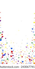 Falling hearts valentine card template. Rainbow colored scattered hearts. LGBT valentine card.  Chaotic falling hearts vector illustration.