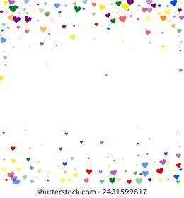 Falling hearts valentine card template. Rainbow colored scattered hearts. LGBT valentine card.  Chaotic falling hearts vector illustration.