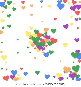 Falling hearts valentine card template. Rainbow colored scattered hearts. LGBT valentine card.  Chaotic falling hearts vector illustration.