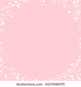 Fallende Herzen Valentinskarte Vorlage. Weiße Herzen auf rosa Hintergrund verstreut. Chaotische fallende Herzen Vektor-Illustration.