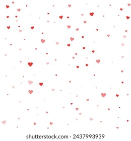 Falling hearts valentine card template. Red hearts scattered on white background. Chaotic falling hearts vector illustration.