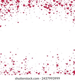 Falling hearts valentine card template. Red hearts scattered on white background. Chaotic falling hearts vector illustration.