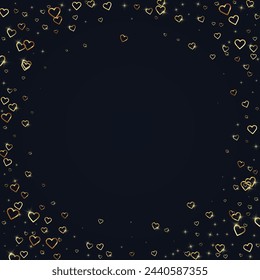 Plantilla de tarjeta de San Valentín de corazones caídos. Corazones dorados esparcidos sobre fondo negro. Caótica caída de corazones ilustración vectorial.