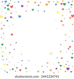 Falling hearts valentine card template. Rainbow colored scattered hearts. LGBT valentine card.  Chaotic falling hearts vector illustration.