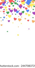 Falling hearts valentine card template. Rainbow colored scattered hearts. LGBT valentine card.  Chaotic falling hearts vector illustration.