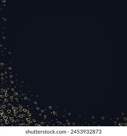 Falling hearts valentine card template. Gold hearts scattered on black background. Chaotic falling hearts vector illustration.