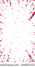 Falling hearts valentine card template. Red hearts scattered on white background. Chaotic falling hearts vector illustration.
