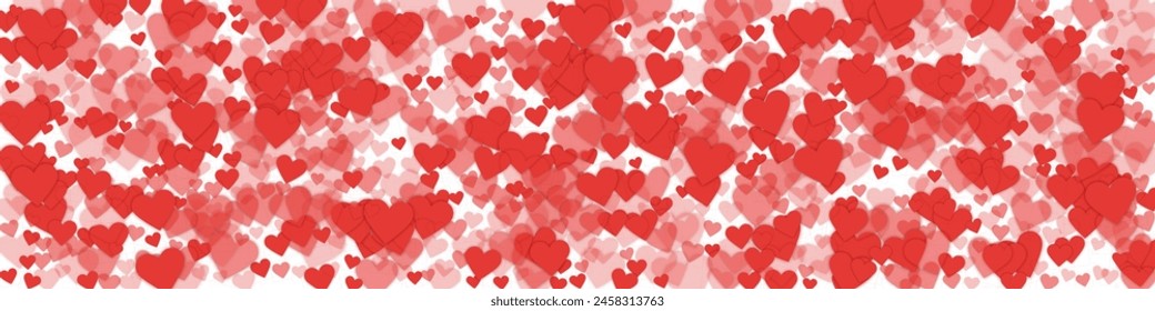 Falling hearts valentine card template. Red hearts scattered on white background. Chaotic falling hearts vector illustration.
