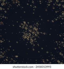 Falling hearts valentine card template. Gold hearts scattered on black background. Chaotic falling hearts vector illustration.