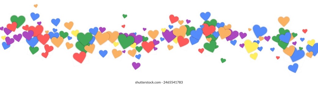 Plantilla de tarjetas de San Valentín de Falling Hearts. Corazones dispersos de color arcoiris. Tarjeta de San Valentín LGBT.  Caótica caída de corazones Ilustración vectorial.